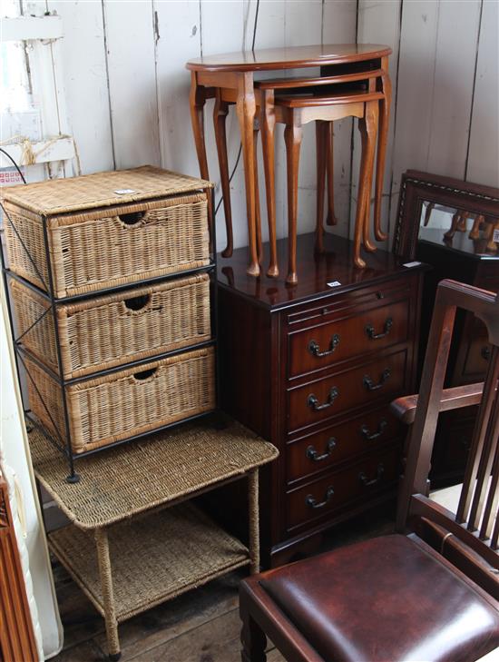 Wicker coffee table, nest of tables, mirror, 3 drawer wicker baskets & t.v. cabinet